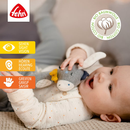 Rammelaar staaf ezel van Fehn voor baby’s, zacht babyspeelgoed dat motoriek en grijpen stimuleert