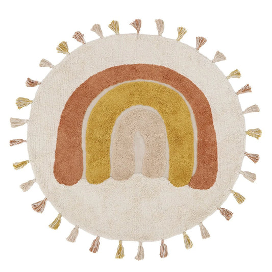 Rond vloerkleed met regenboog in beige, geel en bruin – ideaal voor kinderkamer of babykamer