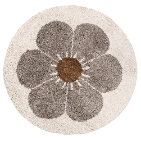 Rond bohemian Daisy vloerkleed in wit en beige voor kinderkamer, babykamer, en peuterkamer.