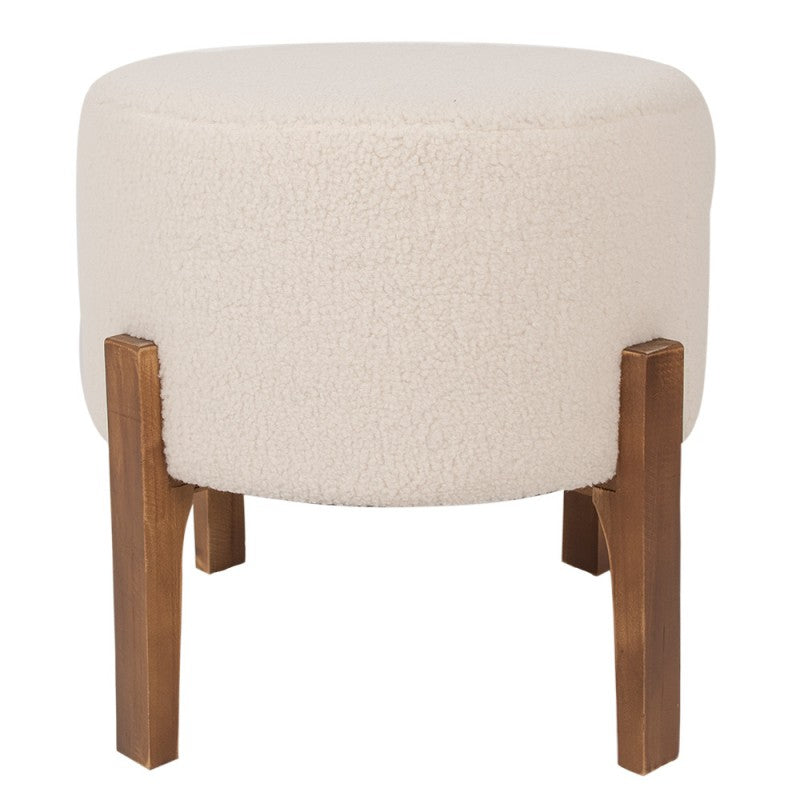 Ronde beige teddy poef met houten poten, multifunctioneel als hocker, voetenbankje of bijzettafel.