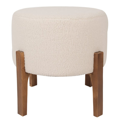 Ronde beige teddy poef met houten poten, multifunctioneel als hocker, voetenbankje of bijzettafel.