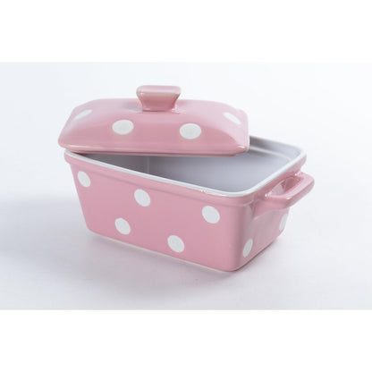 Roze keramische botervloot met de deksel er half af schuin vooraanzicht