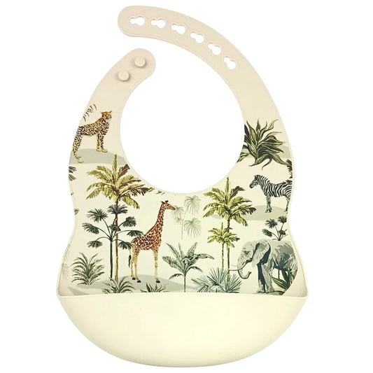Beige siliconen slabber met jungle print van giraffe, zebra, olifant en bomen