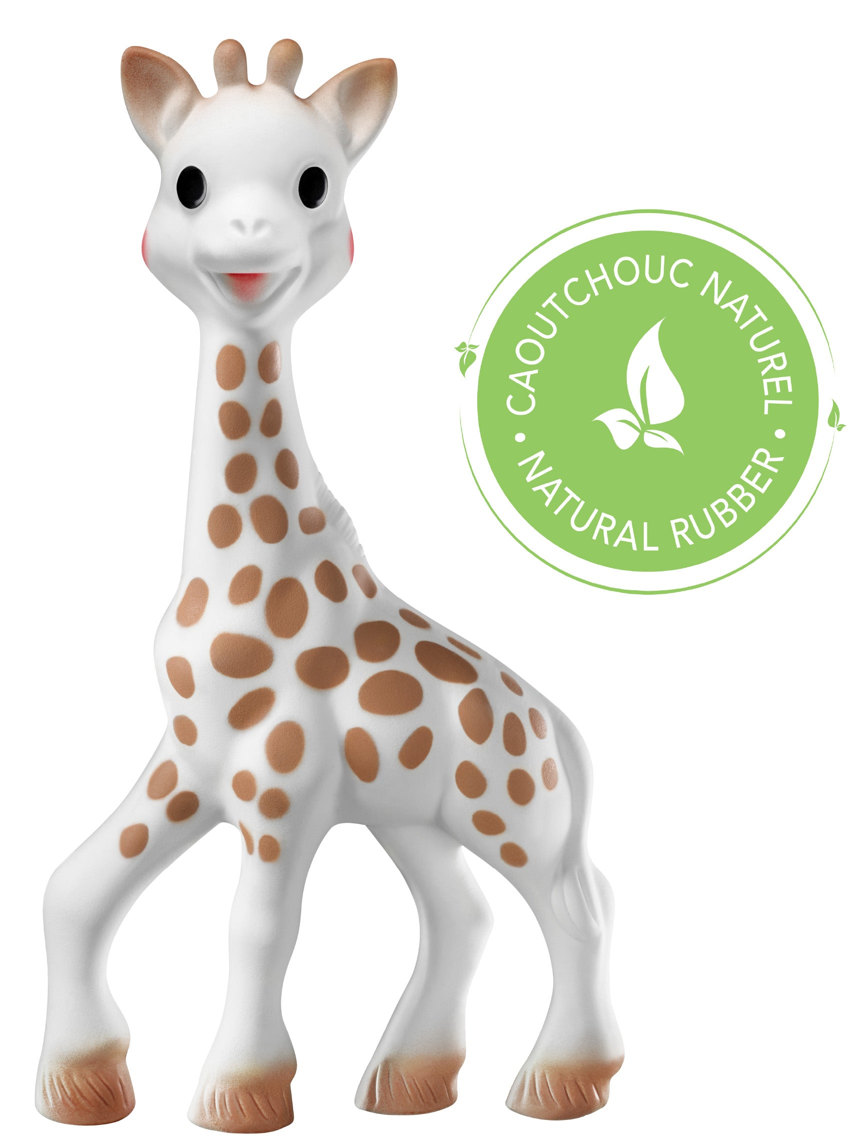 Vooraanzicht van het originele Sophie de giraf bijtspeeltje van 100% natuurlijk rubber.