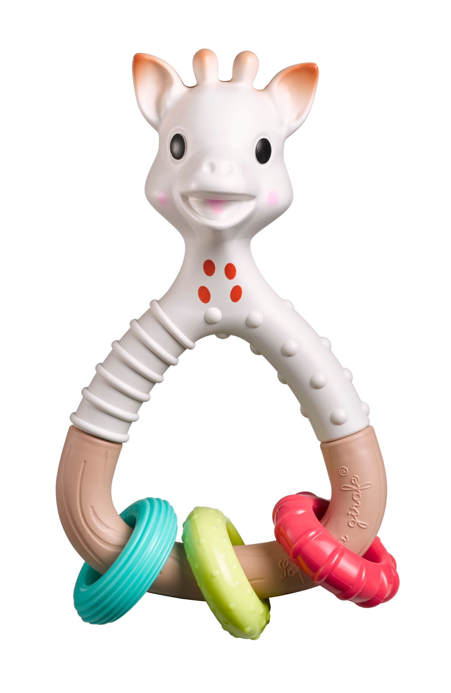 Vooraanzicht van de Sophie de giraf So’pure Natur’rings rammelaar gemaakt van 100% biomaterialen.