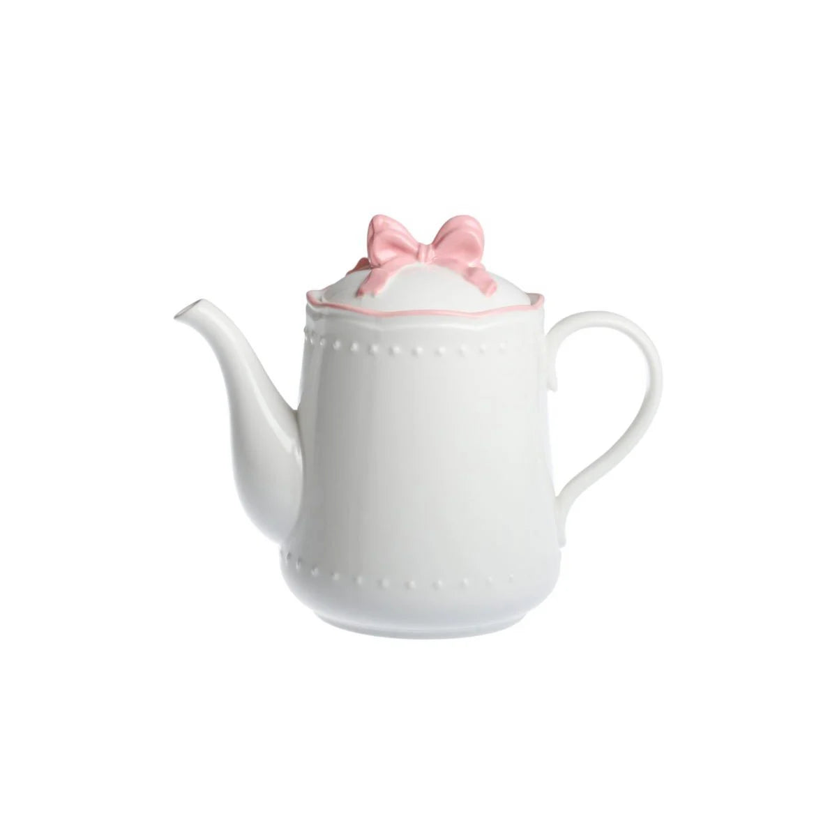 Vooraanzicht van de klassieke witte porseleinen theepot Ribbon Grace met roze lintdecoratie.