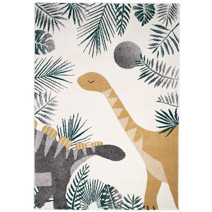 Vloerkleed Sensaku Dinos van Nattiot – vierkant vloerkleed met gele en grijze dinosaurussen en bladeren, perfect voor de kinderkamer of babykamer.