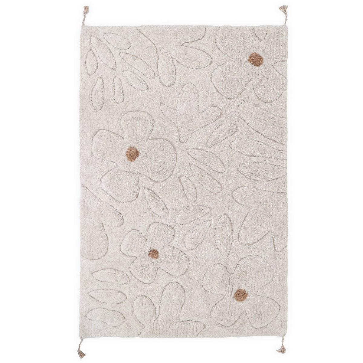 Vloerkleed "Gentle Flora" beige met bloemmotief, wasbaar en veilig voor de kinderkamer.