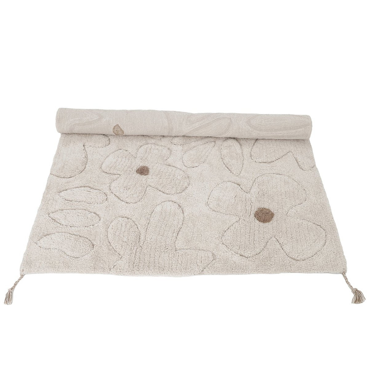 Vloerkleed "Gentle Flora" beige met bloemmotief, wasbaar en veilig voor de kinderkamer.