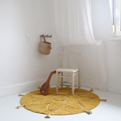 Nattiot vloerkleed Bohemia Pompom mango geel – rond kleed met franjes en ster voor kinderkamer of peuterkamer