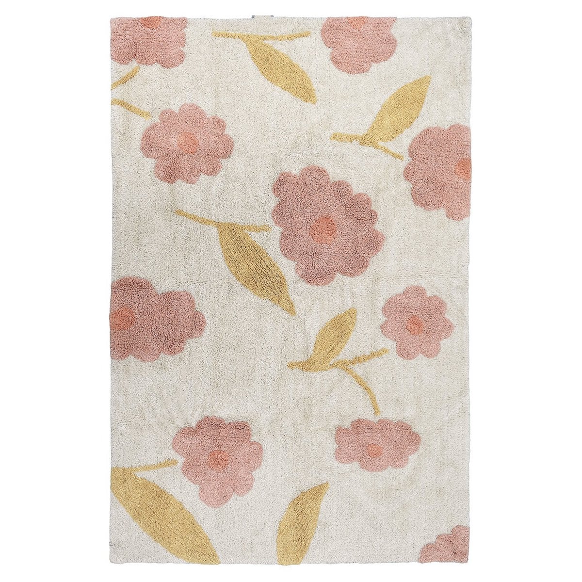 Totaaloverzicht van het rechthoekige katoenen vloerkleed Sunny Flowers met zachtroze peach bloemen en honinggele bladeren op een witte achtergrond.