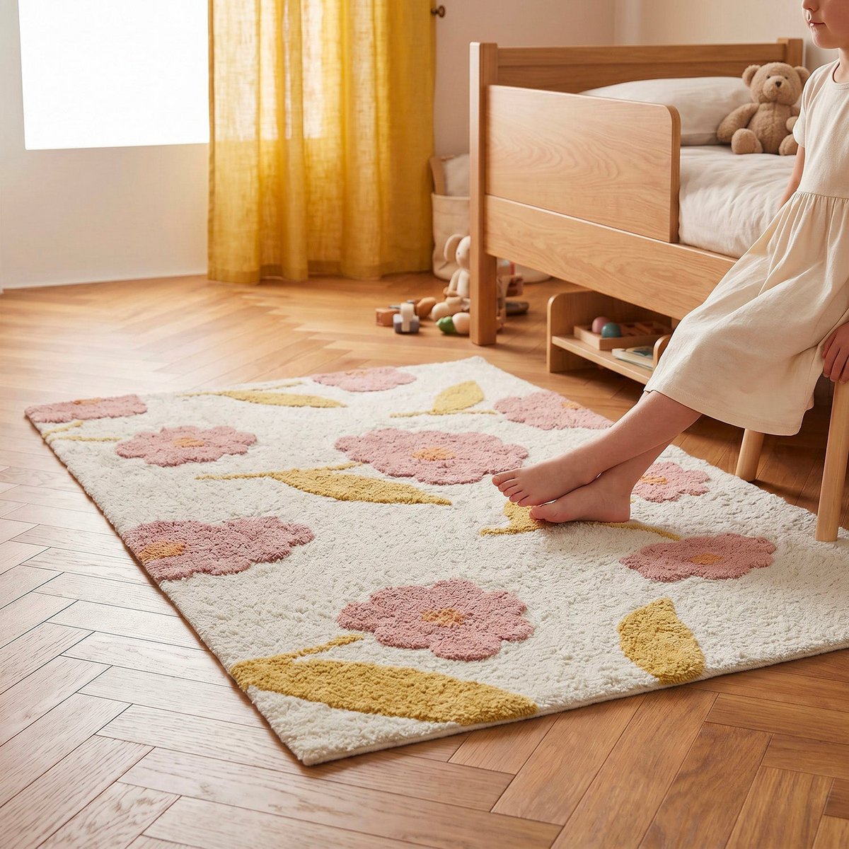 Sfeerafbeelding van het handgetufte Peach Sunny Flowers vloerkleed van Nattiot in een kinderkamer met een meisje zittend op een stoel.