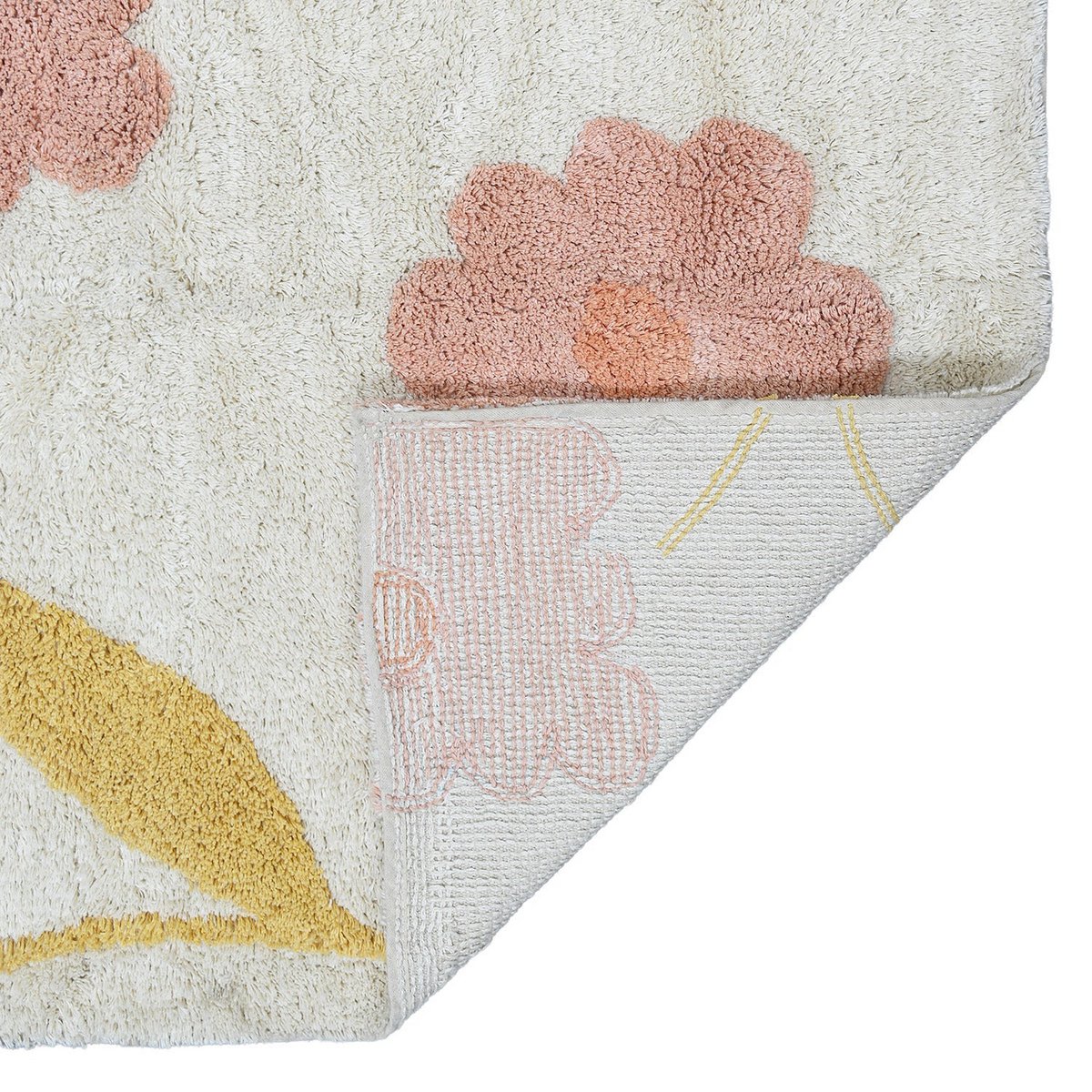 Detailopname van een omgeslagen hoek van het Sunny Flowers Peach kleed waarbij de voor- en achterzijde van het katoen te zien zijn.
