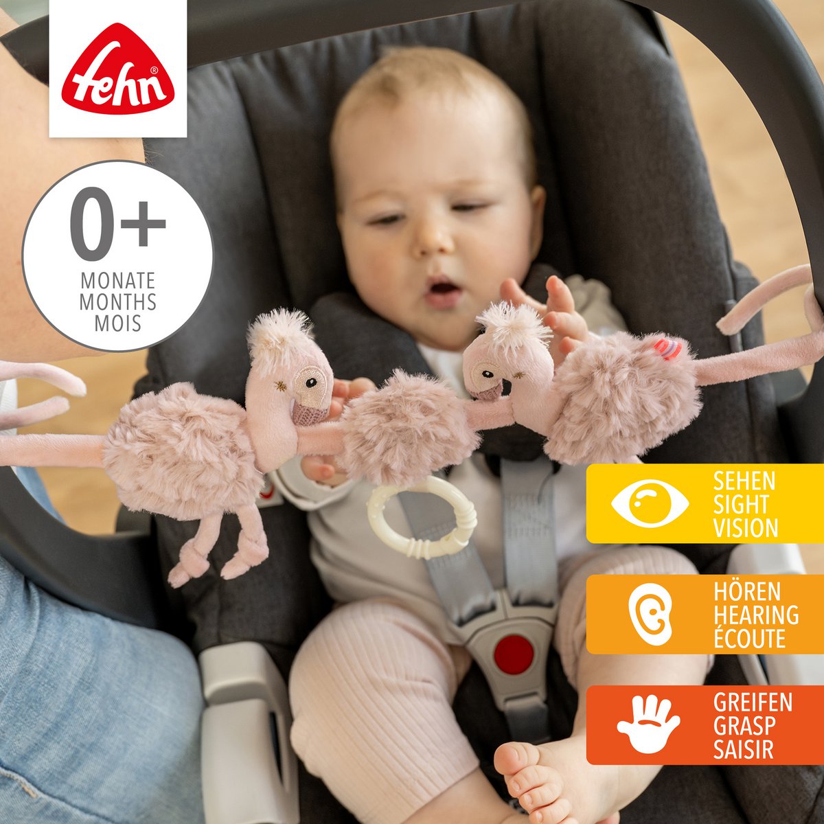 Fehn wagenspanner Flamingo – zachte roze flamingo spanner voor kinderwagen en baby’s