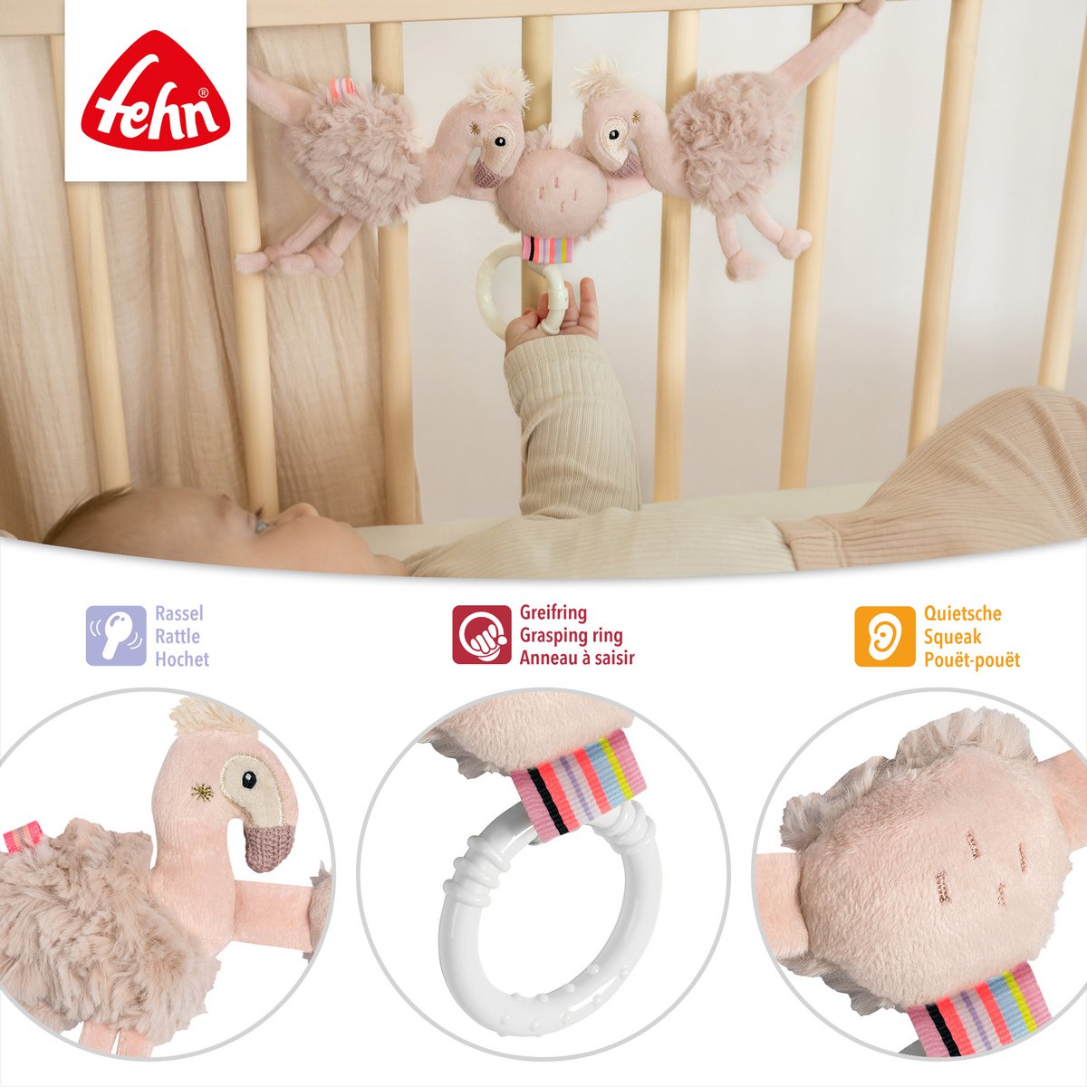 Fehn wagenspanner Flamingo – zachte roze flamingo spanner voor kinderwagen en baby’s