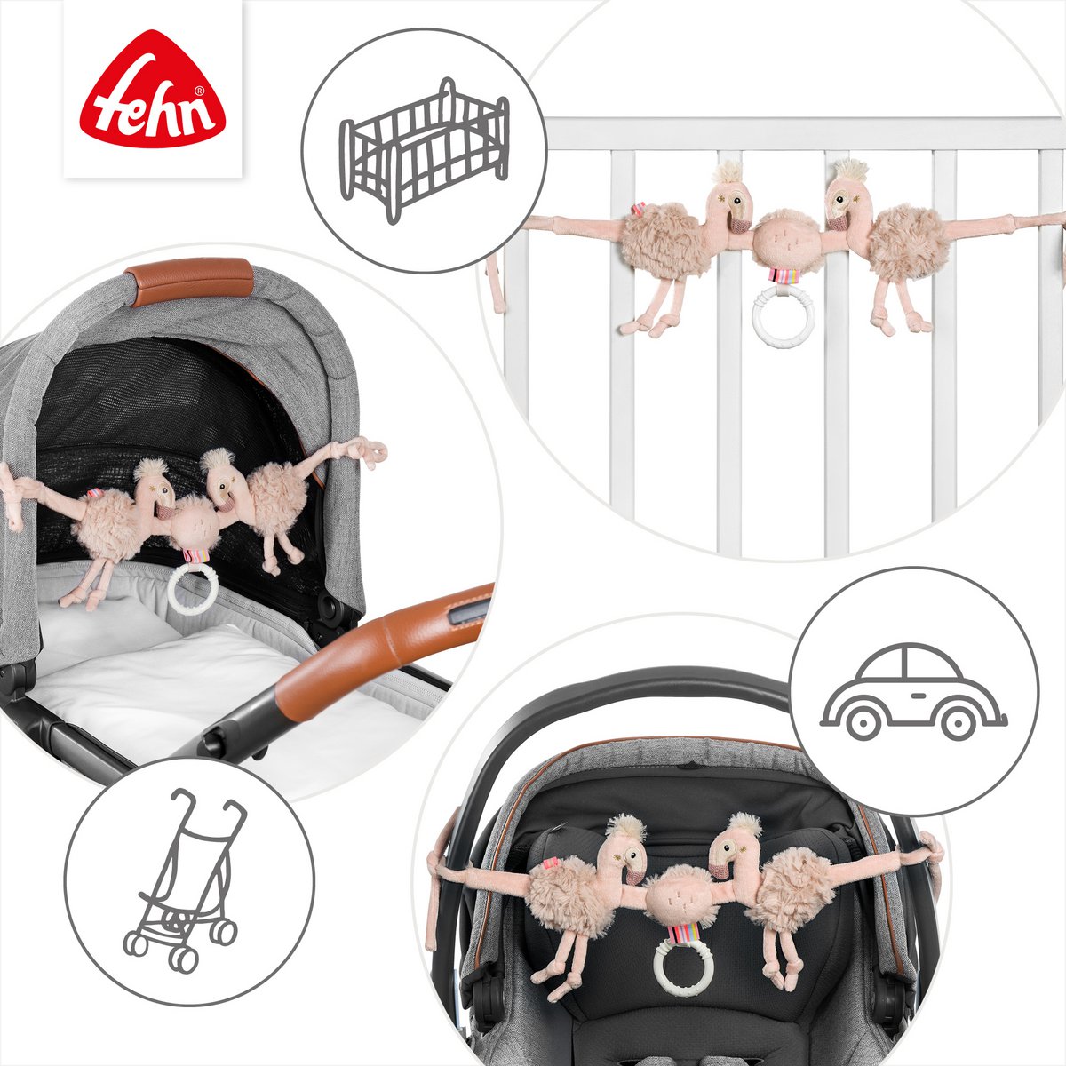 Fehn wagenspanner Flamingo – zachte roze flamingo spanner voor kinderwagen en baby’s