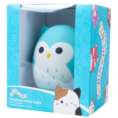 Squishmallows nachtlampje Winston the Owl in blauw-witte siliconen.