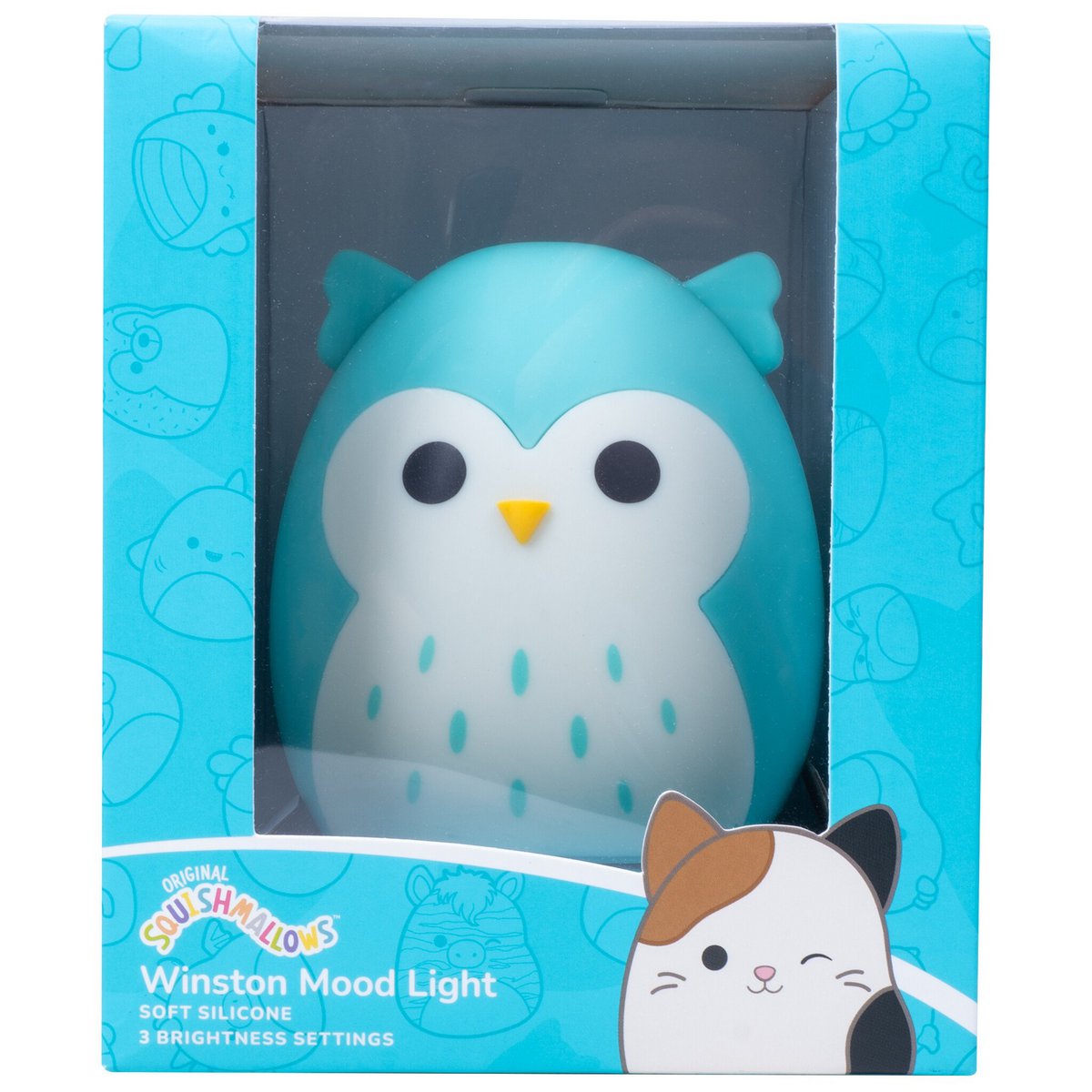 Squishmallows nachtlampje Winston the Owl in blauw-witte siliconen.
