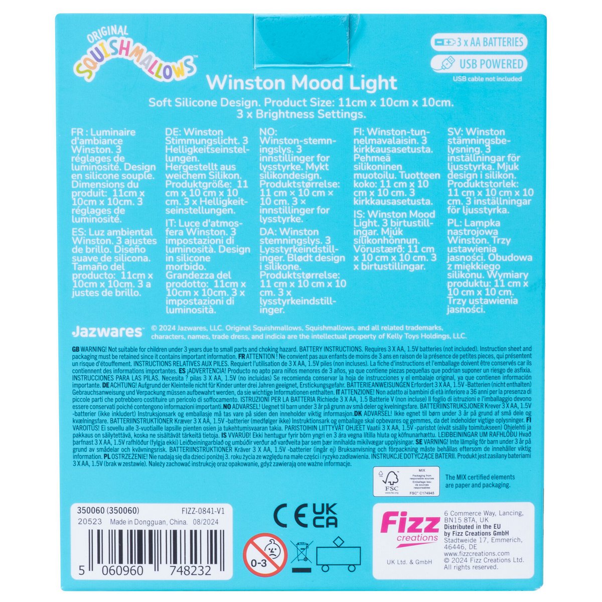 Squishmallows nachtlampje Winston the Owl in blauw-witte siliconen.