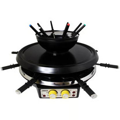Schuin bovenaanzicht van de Zanussi RCZ71 set inclusief fonduepan en alle rvs vorkjes.