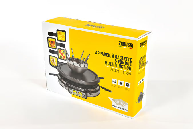 De originele verpakking van de Zanussi RCZ71 4-in-1 grill, gourmet, raclette en fondueset.